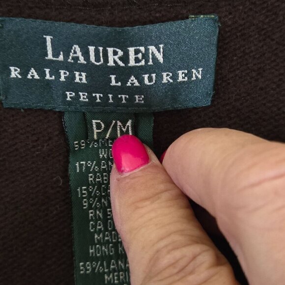 Lauren Ralph Lauren Brown Crochet Ruffled V Neck Merino Wool Sweater Size Mp - Picture 3 of 4